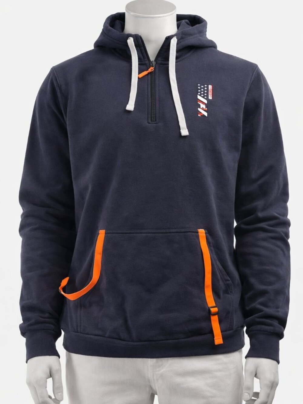Navy Blue 1/4 Zip Hoodie with Bright Orange Accents - Size M